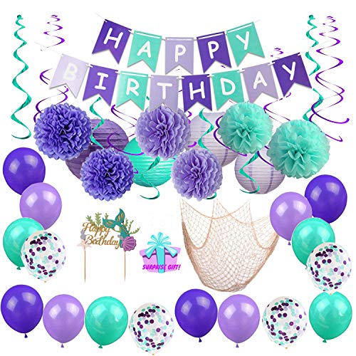 Product Cover BYpamco Mermaid Party Decorations for Girls Mermaid Party Supplies Mermaid Banner Balloons Lanterns Fish Net Pom Poms Cake Toppers Under The Sea Blue & Purple Nautical Decor