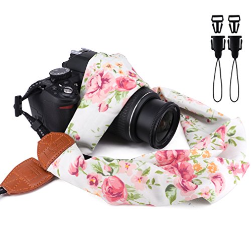 Product Cover Elvam Universal Men and Women Scarf Camera Strap Belt Compatible for All DSLR Camera, SLR Camera, Instant Camera and Digital Camera - White Green Floral Pattern