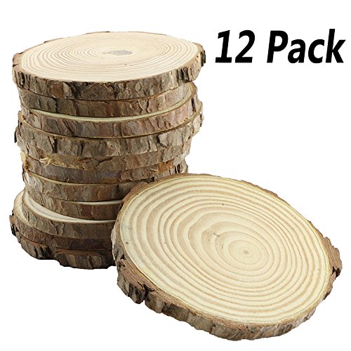 Product Cover Bignc 12Pcs 4-5-Inch Unfinished Natural Thick Wood Slices Circles with Tree Bark Log Discs for DIY Craft Christmas Rustic Wedding Ornaments
