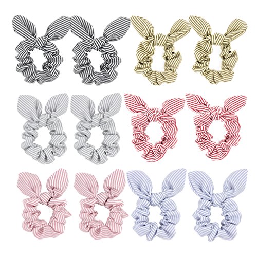 Product Cover Hair Scrunchies Ties with Bow - Striped Bunny Ear Hair Elastic Bands Ponytail Holder for Women Accessories 12pcs