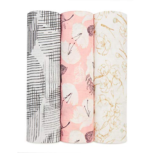 Product Cover aden + anais Silky Soft Swaddle Blanket,100% Bamboo Viscose Muslin Blankets for Girls & Boys, Baby Receiving Swaddles, Ideal Newborn & Infant Swaddling Set, 3 Pack, Pretty Petal
