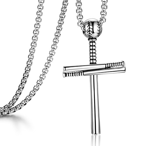 Product Cover Baseball Bat Stainless Steel Cross Pendant Necklace for Boy Men With 20+2