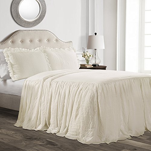 Product Cover Lush Decor Ruffle Skirt Bedspread Ivory Shabby Chic Farmhouse Style Lightweight 3 Piece Set, Queen