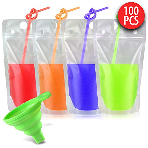Product Cover 100 pcs Heavy Duty Zipper Clear Plastic Hand-held Drink Pouches Smoothie Bags with 100 Straws
