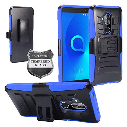 Product Cover Alcatel 7 Phone 6062W, T-Mobile REVVL 2 Plus (2018), REVVL2 Plus 6062Z - Hybrid Armor Case w/Stand/Belt Clip Holster + Tempered Glass Screen Protector - CV1 Blue