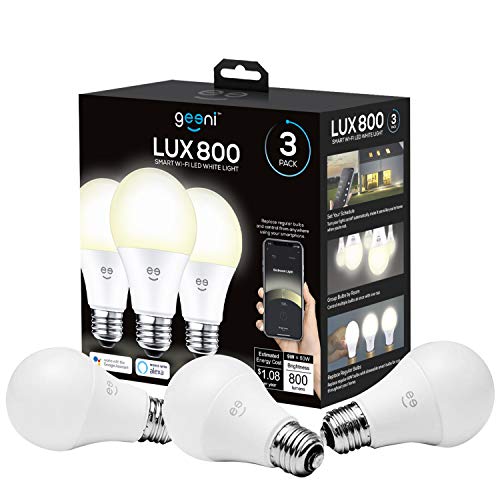 Product Cover Geeni LUX 800 Smart Wi-Fi LED Dimmable White Light Bulbs (2700K), 3-Pack - A19, 60-Watt Equivalent - No Hub Required - Works with Amazon Alexa, Google Assistant, Microsoft Cortana