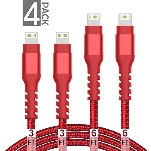 Product Cover AHGEIIY MFi Certified iPhone Charger Cable,4Pack 3.3FT 6.6FT Nylon Braided Fast Charging Cable for iPhone Xs, Max, XR, X,8 Plus,8,7 Plus,7,6 Plus,6,6S Plus,6s,5,iPad and More(RED)