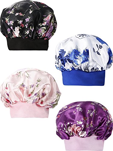 Product Cover SATINIOR 4 Pieces Soft Satin Sleeping Cap Salon Bonnet Night Sleep Hat Hair Loss Cap (Flower Pattern Wide Band)
