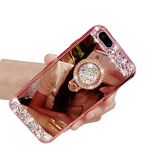 Product Cover iPhone 7 Plus Crystal TPU Mirror Case,Lozeguyc Handmade Bling Diamond Cover iPhone 8 Plus 5.5 Inch Fashion Beauty Case Rhinestone Ring Stand Shockproof Sleek Case for Girl Women-Rose Gold