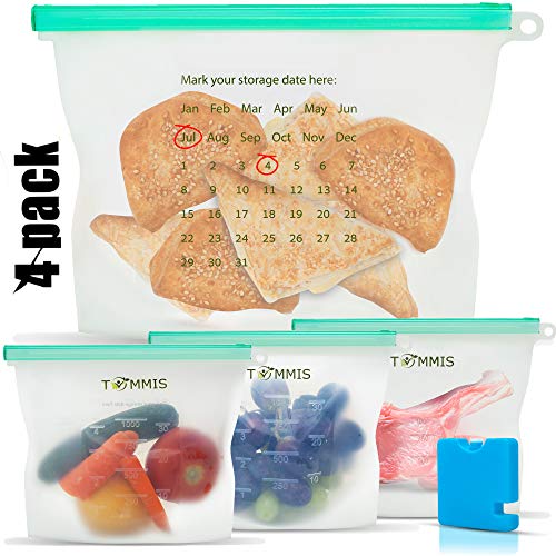 Product Cover Tommis Reusable Silicone Food Storage Bags - Save 520 Baggies and Keep Food Snacks Sous Vide Fresh, Liquids Leak Proof - BPA Free - Ideal for Microwaves, Freezers, Dishwashers, With Calendar and Gift