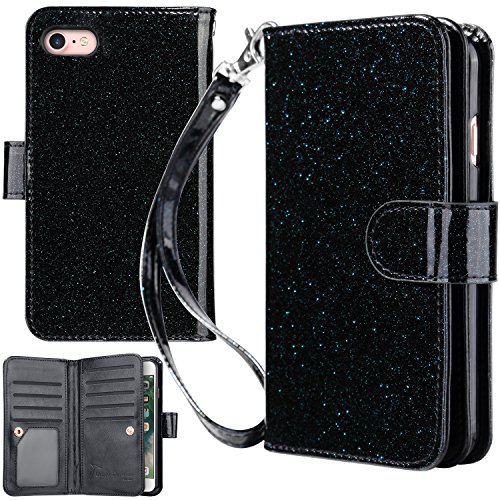 Product Cover UrbanDrama iPhone 7 Case, iPhone 8 Wallet Case Glitter Shiny Faux Leather Magnetic Closure Credit Card Slot Cash Holder Protective Case Compatible iPhone 7 iPhone 8 4.7 inch, Blue Black