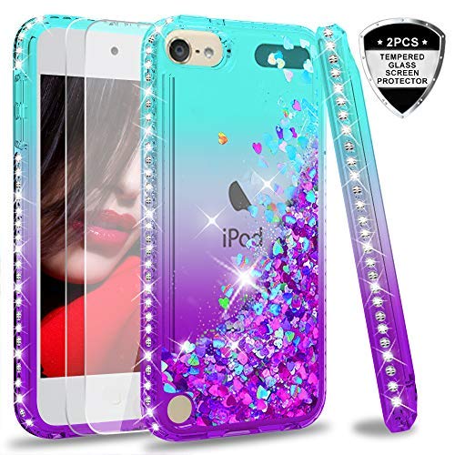 Product Cover iPod Touch 6 Case,iPod Touch 5 Case with Tempered Glass Screen Protector [2 Pack] for Girls Women,LeYi Glitter Liquid Clear TPU Phone Case for Apple iPod Touch 6th / 5th Gen Gradient Teal/Purple