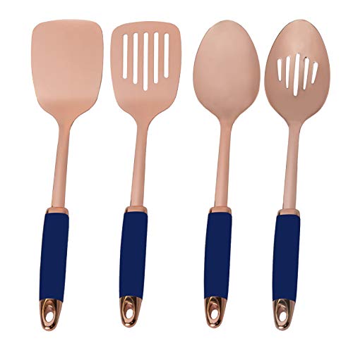 Product Cover Cook With Color Set of 4 Rose Gold Stainless Steel Cooking Utensil Set with Navy Silicone Handles