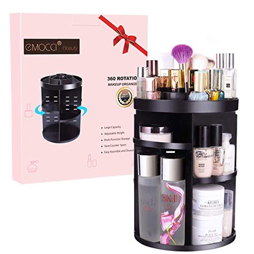 Product Cover EMOCCI Rotating Makeup Organizers 360 Adjustable Spinning Cosmetic Storage Box Case Large Capacity Make Up Holder Vanity Shelf Fits Counter top Bathroom Kitchen(Black)