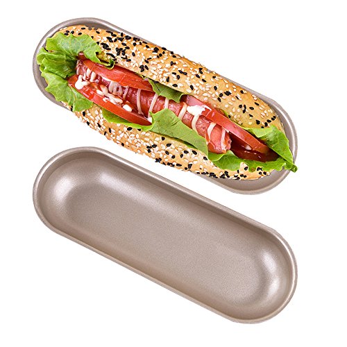 Product Cover 2 Pack Hot Dog Bun Pan Non-stick Carbon Steel Hotdog-shaped Cake Pan, FDA Approved for Oven Baking-7.6×2.9 Inch