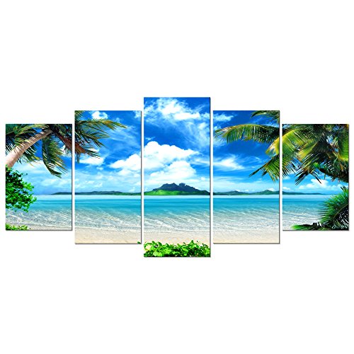 Product Cover Pyradecor Modern 5 Panels Blue Sea Beach Pictures Paintings on Canvas Wall Art Stretched and Framed Contemporary Landscape Ocean Giclee Canvas Prints Artwork for Bedroom Home Decorations