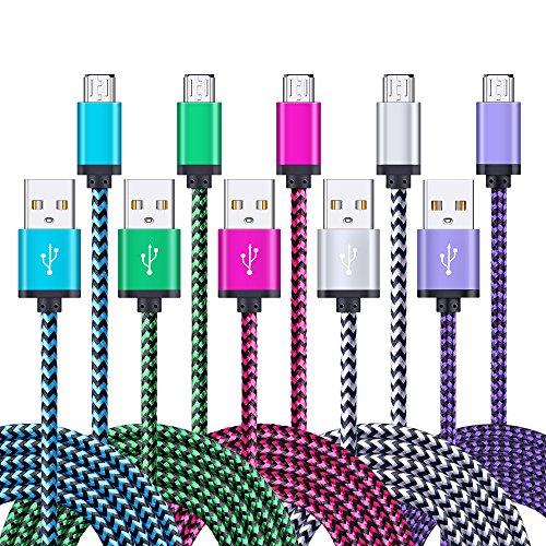 Product Cover Android Charger Cable, FiveBox 5-Pack 6ft Micro USB Cable Cord Braided Fast Charging Phone Charger for Samsung Galaxy J3 J7 S6 S7 Edge, Tablet, LG stylo 2/3 LG G3 G4 K30 K20 Plus, Kindle Fire 7 8 10