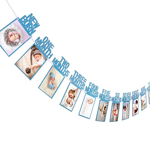 Product Cover Whaline 1st Birthday Baby Photo Banner for Newborn to 12 Months, Monthly Milestone Photograph Bunting Garland, First Birthday Celebration Decoration (Blue)