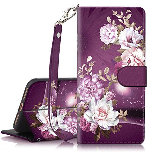 Product Cover iPhone 7 Plus Case, iPhone 8 Plus Case, Hocase PU Leather Full Body Protective Case with Credit Card Holders, Wrist Strap, Magnetic Closure for iPhone 8 Plus/iPhone 7 Plus - Royal Purple/White Flowers