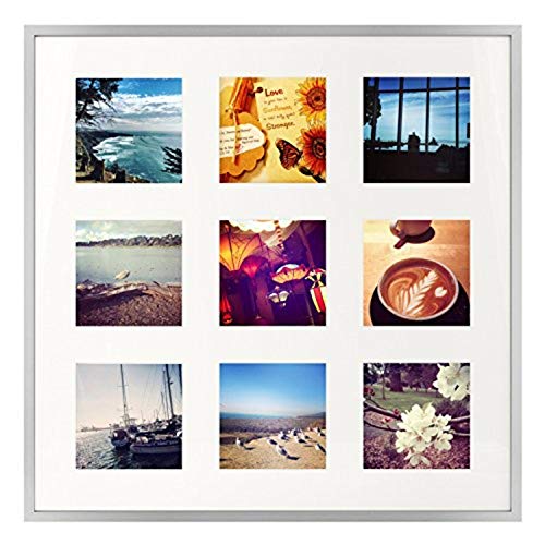 Product Cover Golden State Art 16x16 Silver Aluminum Metal Frame with Ivory Mat - Displays Nine 4x4 Photos - Square Collage Frame - Real Glass, Sawtooth Hanger, Swivel Tabs - Wall Mounting, Landscape, Portrait