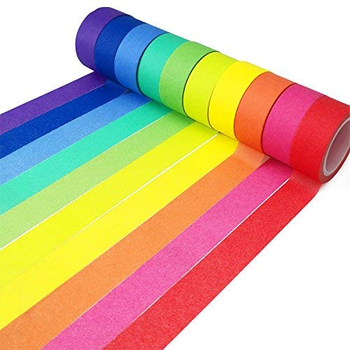 Product Cover Piokio Rainbow Washi Tape 15mm Wide Set of 10 Rolls, Solid Colored Tape for DIY School Supplies