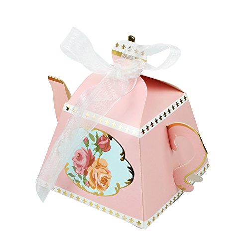 Product Cover Vlovelife 12pcs Pink Teapot Shape Party Favor Boxes Ribbon Tea Theme Decorations Candy Boxes Tea Time Whimsy Collection Creative Paper Candies Gift Boxes