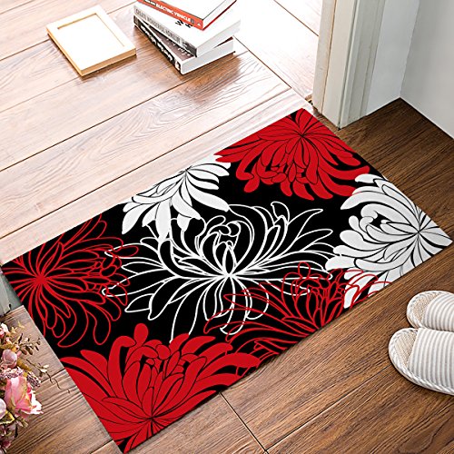 Product Cover Daisy Floral Printed,Red Black and White Non-Slip Machine Washable Bathroom Kitchen Decor Rug Mat Welcome Doormat 23.6(L) x 15.7(W)