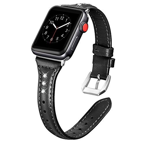 Product Cover Secbolt Leather Compatible Apple Watch Band 42mm 44mm Black with Rhinestone Slim Replacement Retro Wristband Sport Strap for Iwatch Series 5 4 3 2 1 Stainless Steel Buckle