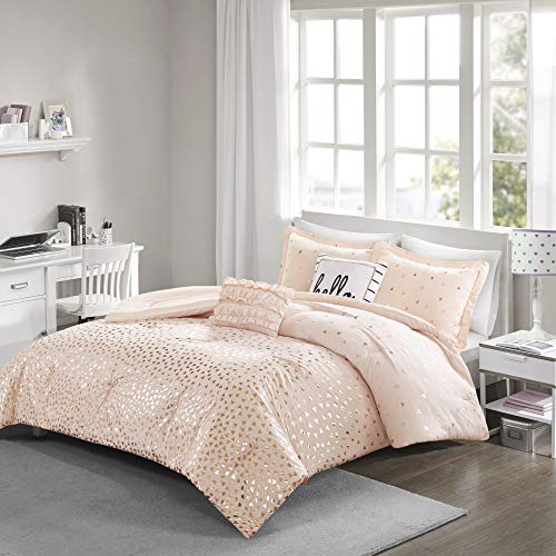 Product Cover Intelligent Design Zoey Comforter Reversible Triangle Metallic Printed 100% Brushed Ultra-Soft Overfilled Down Alternative Hypoallergenic All Season Bedding-Set, Full/Queen, Blush/Rosegold