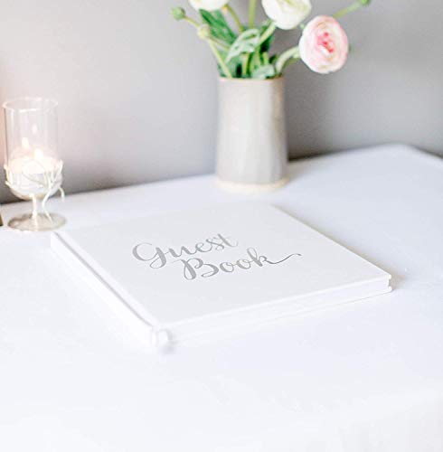 Product Cover Wedding Guest Book Silver Guestbook - Blank NO Lines - Memory Signature Message Book - Christening Birthday Engagement Party - White Paper Ribbon & Foil Stamping - Thick Paper 32 Page/64 Side Square