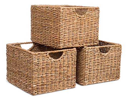 Product Cover BIRDROCK HOME Storage Shelf Organizer Baskets with Handles | Set of 3 | Seagrass Wicker Basket | Pantry Living Room Office Bathroom Shelves Organization | Under Shelf Basket | Handwoven (Natural)