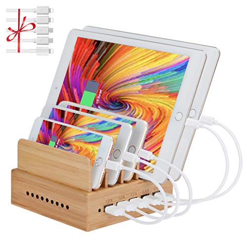 Product Cover InkoTimes Bamboo Charging Station with 5-Port USB Charger - Fast USB Charging Station for Multiple Devices of Universal Cell Phones Tablets (5 Pack Cables Included)