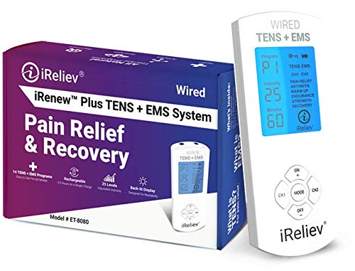 Product Cover TENS Unit + EMS Muscle Stimulator by iReliev: Comes with 14 Therapy Modes, Premium Pain Relief and Recovery System, Rechargeable, Large Back Lit Display, Large and Small Electrode Pads