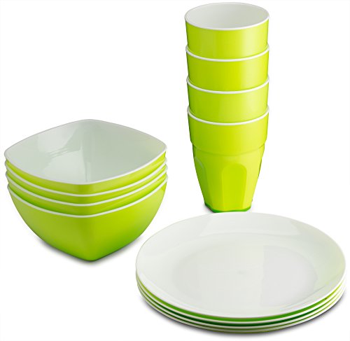 Product Cover PLASTI HOME Reusable Plastic Dinnerware Set (12pcs) - Ideal For Kids. Fancy Hard Plastic Plates, Bows & Cups In Green Colors - Microwaveable & Dishwasher Safe Flatware & Tumblers For Daily Use,