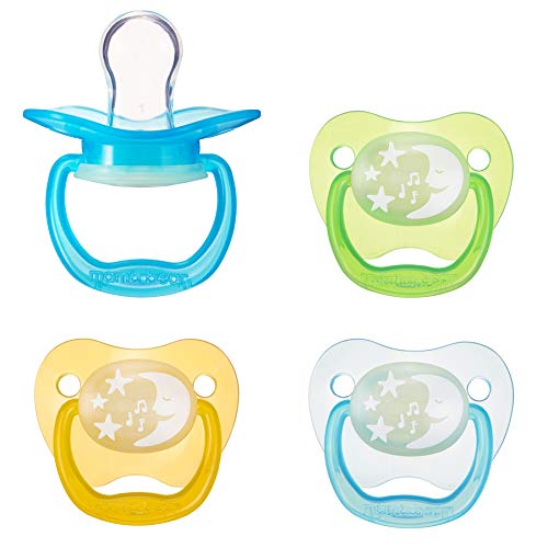 Product Cover Amazon Brand - Mama Bear Glow-in-the-Dark Baby Pacifier, Stage 1 (0-6M), BPA Free, Assorted Colors (Pack of 4)