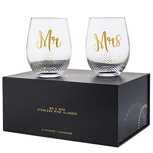 Product Cover Verre Esprit Mr And Mrs Gifts Set Of 2 Crystal Stemless Wine Glasses With Beautiful Gift Box - Perfect Engagement Gifts, Wedding Gifts For The Couple, Anniversary Gifts For Couple, Or Couples Gifts
