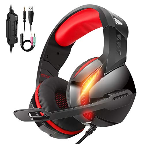 Product Cover Stereo 7.1 Surround Sound 3.55 mm Gaming Headset, for PS4 Xbox One PC Controller Nintendo Switch Games, PHOINIKAS H3 Noise Cancelling Headphones, Over Ear Headphones with Mic LED Light (Red)