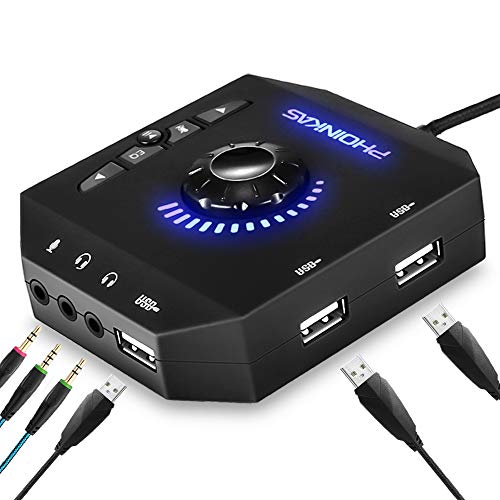 Product Cover External Sound Card, PHOINIKAS USB Hubs, with Stereo Audio Adapter, with 3.5 mm Headphone and Microphone Jack, for Windows, Mac, PC, Laptops, Desktops, PS4 Computer External USB