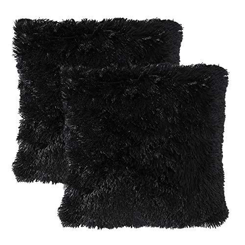 Product Cover MIULEE Pack of 2 Luxury Faux Fur Throw Pillow Cover Deluxe Decorative Plush Pillow Case Cushion Cover Shell for Sofa Bedroom Car 18 x 18 Inch Black