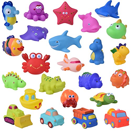 Product Cover FUN LITTLE TOYS 24 PCs Bath Toys for Toddlers, Sea Animals Squirter Toys Kids, Car Squirter Toys Boys, Bath Toy Organizer Included Kids Party Favors, Goodie Bag fillers