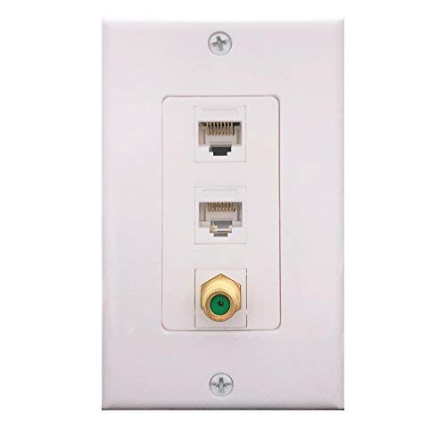 Product Cover Cat6 Coax 1 Gang Wall Plate,Yomyrayhu,2 x Cat6 Female to Female RJ45 Ethernet,1 x 3Ghz Brass Plated with Gold F81 Coax (2RJ45+F)