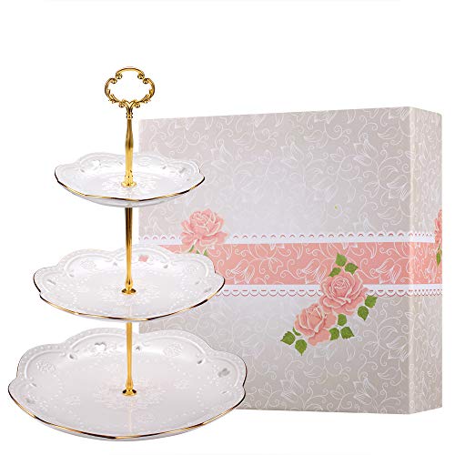 Product Cover BonNoces 3-Tier Porcelain Embossed Cupcake Stand - Pure White Rimmed with Gold Dessert Cake Stand - Pastry Serving Tray Platter for Tea Party, Wedding and Birthday