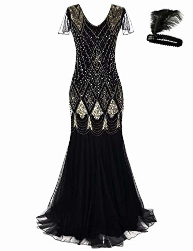 Product Cover Women 1920s Flapper Cocktail Maxi Long Gatsby Evening Dress Mermaid Formal Gown (Black/Gold, M)
