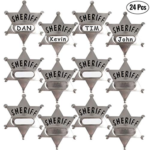 Product Cover Silver Metal Sheriff Badge (Pack Of 24) With Space And Stickers For Personalized Name, For Kids Party Favors, Giveaways & More