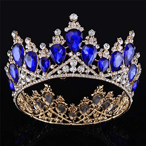 Product Cover Vintage Rhinestones Crystal Crown for Women Wedding Bridal Tiara Flower Crown Hair Accessories (gold-blue)