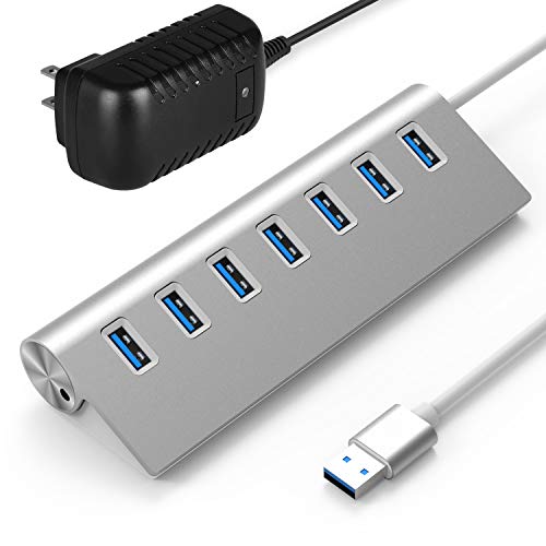 Product Cover Rybozen 7-Port USB 3.0 Hub, Aluminum Data Hub with 5V/4A 20W Power Adapter and 4.9Ft USB Cable for Desktop PC/Laptop