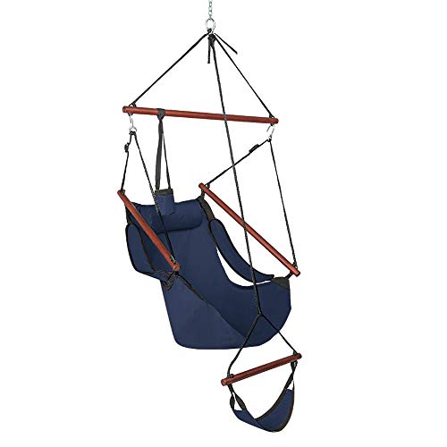 Product Cover ONCLOUD Upgraded Unique Hammock Sky Chair, Air Deluxe Hanging Swing Seat with Rope Through The Bars Safer Relax with Drink Holder & Fuller Pillow Solid Wood Indoor Outdoor Patio Yard 250LBS (Blue)