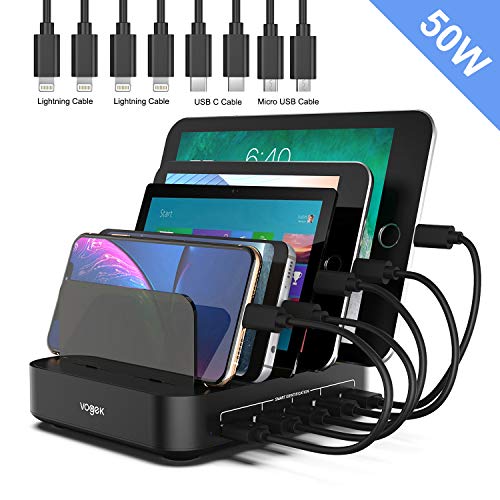 Product Cover Charging Station, Vogek 5-Port 50W 10A USB Charging Station with 8 Short Mixed Cables for Cell Phones, Smart Phones, Tablets, Multiple Device-Black