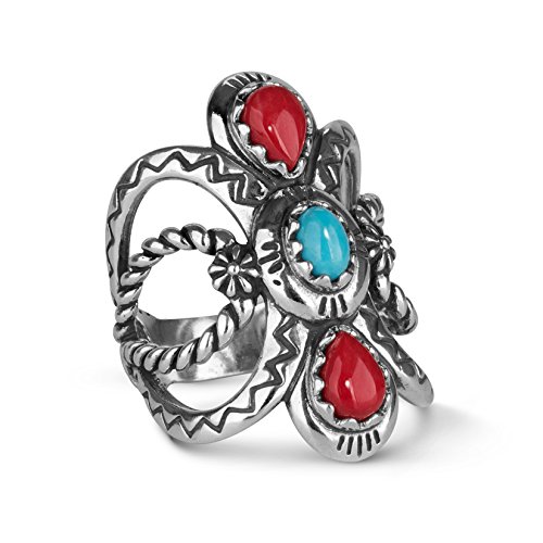 Product Cover American West Sterling Silver Red Coral and Blue Turquoise Gemstone Twisted Rope & Zigzag Motif Ring Size 5 to 10