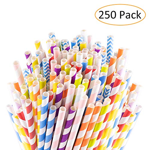 Product Cover Sangabery 250-Pack Biodegradable Paper Straws - 10 Different Colors Rainbow Stripe Paper Drinking Straws - Bulk Paper Straws for Juices, Shakes, Smoothies (Paper Straws)